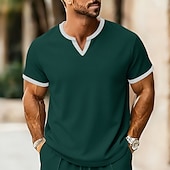 お買い得  ベーシックTシャツ-男性用 ワッフルTシャツ Tシャツ 半袖シャツ ティートップ 半袖 Ｖネック 夏 春 純色 ストリートファッション スタイリッシュ カジュアル パッチワーク 日常 アウトドア ストリートウェア ワイン メンズトップTシャツ