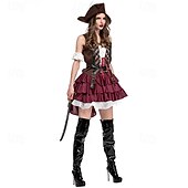 baratos Conjuntos-Conjunto Medieval Renascentista Vestidos Chapéus Cinto com acessórios Pirata Fantasia Mulheres Pirata Dia Das Bruxas Carnaval Baile de Máscaras feira renascentista Festa Temática Retro Adulto Vestido