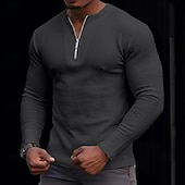 cheap Waffle Knit Tee-Men's Waffle T-shirt Tee Top Long Sleeve Quarter Zip Spring Fall Autumn Solid Color Plain Textured Daily Retro Casual Zip Up Casual Outdoor Street White Top Tee for Men