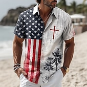 economico Magliette Patriottiche 250-Camicia Uomo 250° Anniversario Bandiera Us Cross Button Up a Maniche Corte Patriotiche All'Aperto Feste Estive Primaverili Rivoltata Stampa 3D Camicie Collo Blu Bianco