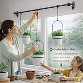abordables Vases et corbeilles-Ensemble de jardinières suspendues réglables pour fenêtre – support pour plantes en tige métallique avec 3 pots pour l'intérieur &amp;Support mural extensible pour plantes d'extérieur, jardinière
