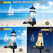 abordables Luces de camino y linternas-2 luces solares de jardín para exteriores, ideales para patios de villas, paisajes, con diseño de faro de resina, impermeables, para césped, jardines, senderos, camping y decoración de fiestas.