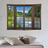economico arazzo paesaggistico-Arazzo da parete con finta finestra, vista panoramica sul fiume e sulle montagne, paesaggio naturale, perfetto per l'arredamento della casa e per il relax.