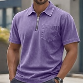 abordables Polo classique pour homme-Homme Polo Chemise 100% coton délavée à l'acide Occasionnel Tenue quotidienne Zip quart Manche Courte ancien Basique Uni Avec Poches Affligé Été Coupe régulière Vert Armée Noir Rose Claire bleu