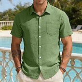 economico Vacanza-Per uomo Camicia Camicia di lino Camicia con Bottoni Tinta unica All'aperto Vacanza Nero Bianco Verde chiaro Verde scuro Manica Corta Colletto a Camicia Estate Primavera Abbigliamento Tasca