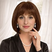 Недорогие старший парик-Элегантный парик-каре для женщин — гладкий темно-коричневый с естественной челкой.