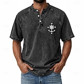 abordables Винтаж и ретро-SoftFade™ Men's Demin Shirt 100% Cotton Acid Wash Shirt Henley Top Short Sleeve Vintage Distressed Casual Home Street Summer Spring Black Pink Light Green Gray Light Blue Stand Collar Henley