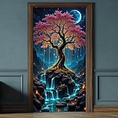 baratos Banners de Garagem e Porta-Árvore da vida, lua cheia gigante, raízes brilhantes, paisagem noturna mística, banner de porta, tapeçaria de parede, decoração para casa, decoração de porta de entrada, decoração de hall de entrada,
