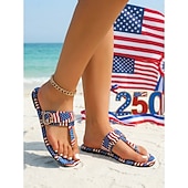  Women's USA 250th Anniversary Patriotic Flip Flops - Star and Stripe Pattern Thong Sandals with Gold Buckle for 2026 Independence Day, Beach Vacations & Summer Parades