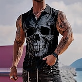  Per uomo Teschio Scheletro Camicia Camicia con Bottoni Maglietta senza maniche Senza Maniche Stile gotico oscuro All'aperto Casual Estate Primavera Collo ripiegato Stampa 3D Due tasche anteriori Nero
