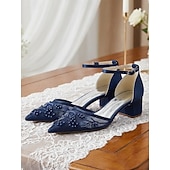 abordables Madre de la Novia/Novio-Zapatos de tacón de bloque azul marino para mujer con bordado de encaje y detalles de cuentas, elegantes zapatos para la madre de la novia para bodas en la ciudad, zapatos de tacón de punta para