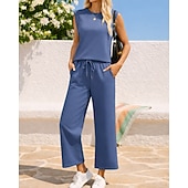 abordables Survêtements-Femmes Ensembles de survêtements à enfiler Survêtement 2 pièces Tenues de détente Cordon de serrage avec poche Couleur Unie Ensemble de vêtements de sport Été Printemps Bleu marine Noir Entraînement