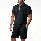 billige Basic Tees-sett for menn-Herre Polo T-skjorte drakter Joggedress Shorts og T-skjorte sett Kortermet Kort Erme Aftæpning Sommer Fargeblokk Gymnastik Fritid Jacquard Glidelås 2 deler Avslappet Feriereise Dagligdagstøy Svart
