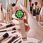 billige Kvartsklokker-Dameklokke i roségull med rød gradert urskive og strass, luksuriøst kvartsarmbåndsur med dagdato og kalendervisning, justerbar nettingrem, elegant motesmykke, gave til mor og kone.