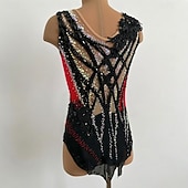 levne dres rytmické gymnastiky-Dámský dívčí dres na rytmickou gymnastiku, černý, s otvorem pro palec, barvení na halo, vysoká elasticita, profesionální soutěžní bruslařské oblečení, krystaly/kamínky, bez rukávů, bruslení na