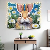 cheap Wall Tapestries-Easter Cute Bunnies Playing Violin Spring Garden Colorful Eggs Basket Flowers Oil Painting Style Wall Tapestry Wall Hanging Living Room Kids Bedroom Home Decor Party Backdrop