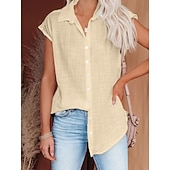 cheap Plain Blouses-Women's Blouse Cotton Shirt Buttons Solid Color Vintage Daily Stylish Short Sleeve Shirt Collar Regular Tops Daily Blue Black White Pink Wine Summer Spring