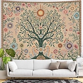 billige Veggoppheng-Livets tre folkekunst veggteppe bohemsk etnisk fugler og blomster natur landskap svart bakgrunn åndelig hjemdekor stue soverom bakgrunn innendørs veggmaleri