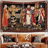 abordables Tapisseries murales-Tapisserie murale médiévale représentant le roi Arthur, un chevalier, avec le texte d'Arthur, une croix celtique et un écu royal. Tissu vintage à suspendre, idéal pour une bibliothèque, un garage
