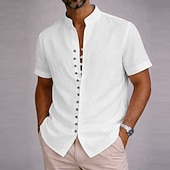 economico Classico-Per uomo Camicia Camicia di lino Camicia Estiva Abbigliamento da spiaggia Camicia con Bottoni Semplice Casuale Spiaggia Blu Nero Bianco Rosa Manica Corta Collo alla coreana Estate Primavera &amp; Estate