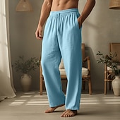 preiswerte Heim-Herren Leinenhosen Hose Sommerhose Kordelzug Elastischer Bund Gerader Schnitt Einfach Komfort Atmungsaktiv Volle Länge Lässig Täglich Ferien Urlaub Mode Schwarz Weiß Unelastisch