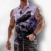  Herren Schädel Krähe Raven Hemd Knopfhemd Ärmelloses Shirt Ärmellos Dunkler Gothic-Stil Outdoor Lässig Sommer Frühling Umlegekragen 3D-Druck Zwei Fronttaschen Blau Weiß Purpur Khaki