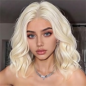 baratos Perucas Sintéticas sem Touca-Peruca preta natural de 35 cm (14 polegadas) para mulheres - peruca ondulada na altura dos ombros com risca ao meio, corte bob ondulado natural em fibra sintética resistente ao calor, ideal para uso