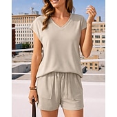 abordables Chándales-Mujer Conjuntos de chándal tipo jersey Chándal de 2 piezas Pantalones cortos deportivos Correa con bolsillo Color sólido Conjunto de ropa deportiva Verano Primavera Caqui Negro Entrenamiento de