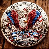  Moeda comemorativa do 250º aniversário dos EUA, apresentando majestosas águias e a marca dos 250 anos, celebrando a liberdade americana. Item colecionável.