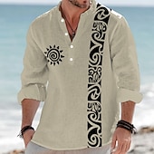 baratos Padrão étnico-Homens polinésio Étnico Totem do Sol Camisa Social camisa de botão Camisa Henley Manga Longa Vintage retrô Tribal Casual Férias Verão Primavera Colarinho Mandarim Colarinho Clerical Impressão 3D