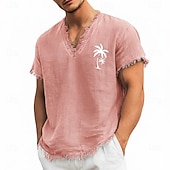 economico Tropische Urlaub-T-Shirts-T-shirt da uomo con scollo a V in misto lino e cotone con stampa di palme, orlo a vivo, ideale per l'estate, la spiaggia, le vacanze al mare, maniche corte, morbida e casual, alla moda, taglie S-3XL.