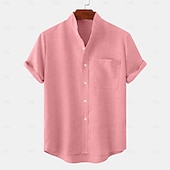abordables Clásico-Hombre Camisa de lino Camisa casual Camisa con cuello mao Plano Playa Vacaciones Negro Blanco Amarillo Rosa Manga Corta Henley Primavera verano Ropa Bolsillo delantero