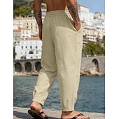 baratos Feriado-Homens Calças de linho Calça verão Calças de praia Com Cordão Bolsos Tecido Confortável Respirável Comprimento total Diário Casa Ao ar livre Férias Simples Preto Branco Sem Elasticidade