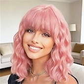 billiga Syntetiska peruker utan hätta-Black Mixed Brown Wig with Bangs Short Wavy Bob Wigs for Women Synthetic Shoulder Length Hair Natural Looking Curly Wig Heat Resistant Hair Replacement Bob Wigs (14 Inch)