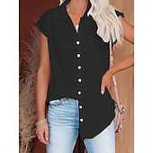 cheap Plain Blouses-Women's Blouse Cotton Shirt Buttons Solid Color Vintage Daily Stylish Short Sleeve Shirt Collar Regular Tops Daily Blue Black White Pink Wine Summer Spring