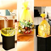 abordables Rangement et organisation-Poubelle en tissu de 100 litres avec couvercle, panier à linge pliable avec structure en bambou, bac de rangement moderne pour le salon &amp;chambre, comprend 10 sacs poubelles jaunes