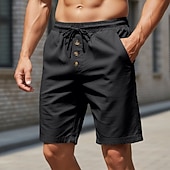cheap Holiday-Men's Shorts Linen Shorts Summer Shorts Beach Shorts Drawstring Elastic Waist Buttons Plain Solid Comfort Breathable Knee Length Daily Outdoor Beach Vacation Fashion Black White Inelastic