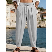 baratos Feriado-Homens Calças de linho Calça verão Calças de praia Com Cordão Bolsos Tecido Confortável Respirável Comprimento total Diário Casa Ao ar livre Férias Simples Preto Branco Sem Elasticidade