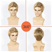 economico Parrucche uomo-Parrucca bionda da uomo, corta, liscia, in capelli sintetici biondi, per uso quotidiano, costume anime, Halloween, cosplay e feste (adatta a circonferenze della testa di 21-22,5 pollici).
