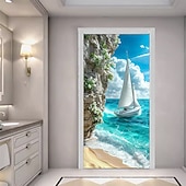 cheap Garage &amp; Door Banners-Scenic Coastal Sea View Sailboat Yacht on Turquoise Water with Rocky Cliff and White Flowers Beach Door Banner Cover Wall Tapestry for Home Interior Wall Decoration Front Door Entryway