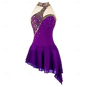 cheap Figure Skating Dresses-Figure Skating Dress Girls' Ice Skating Dress Violet Navy Black Patchwork Asymmetric Hem Stretchy Training Competition Skating Wear Classic Crystal / Rhinestone Sleeveless Ice Skating Figure Skating