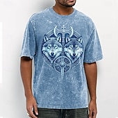  Herren-T-Shirt mit Wolfskopf- und Wikingerschild-Emblem im Acid-Wash-Vintage-Streetwear-Stil, Kurzarm, Rundhalsausschnitt, lässige Alltagskleidung, Designer-Bekleidung, Größen: S, M, L, XL, XXL, XXXL