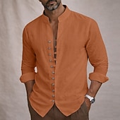 cheap Classic-Men's Shirt Linen Shirt Summer Shirt Casual Shirt Button Up Shirt Plain Casual Daily Blue Black White Pink Long Sleeve Stand Collar Summer Spring Clothing Apparel Button Front