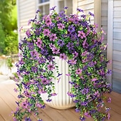 cheap Artificial Flower-4 Pcs Artificial Hanging Flowers Plants for Outdoor Spring Decoration,Faux Silk Violet with Eucalyptus Leaves,UV Resistant for Outside Home Indoor Planter Porch Patio Balcony Yard Decor