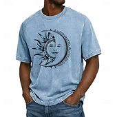 levne 3D trička-pánské nebeské slunce a měsíc tváře propletené dekorativní filigránové kyselinové mytí vintage streetwear tričko s potiskem krátký rukáv standardní střih ležérní denní nošení značkové oblečení
