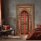 olcso Garázs- és ajtózászlók-ősi arab piros fa ajtó díszes mór boltív bonyolult virágfaragás 3D realisztikus szövet ajtó banner borító otthoni belső szoba dekoráció bejárat party háttér