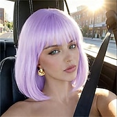 billiga Syntetiska peruker utan hätta-Ljusrosa bobperuker med lugg (kan trimmas) raka korta peruker för kvinnor syntetisk rosa peruk för cosplay-kvinnor