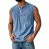 Χαμηλού Κόστους Αμάνικα Μπλουζάκια Γυμναστικής-Ανδρικό vintage γιλέκο 100% βαμβάκι, αμάνικο πουκάμισο Henley, καλοκαιρινό, φθινόπωρο, απλό, σχεδιαστής μόδας, κλασικό, διακοπές, δρόμος, μαύρο, ροζ, μπλε, μπλουζάκι για άνδρες