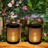 abordables Luces de camino y linternas-2 linternas solares de hierro para exteriores con forma de llama, resistentes al agua IP65, portátiles. &amp;Lámparas LED colgantes para jardín, patio, valla, escalera, escalones, césped, camino, villa,