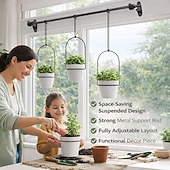abordables Vases et corbeilles-Ensemble de jardinières suspendues réglables pour fenêtre – support pour plantes en tige métallique avec 3 pots pour l'intérieur &amp;Support mural extensible pour plantes d'extérieur, jardinière